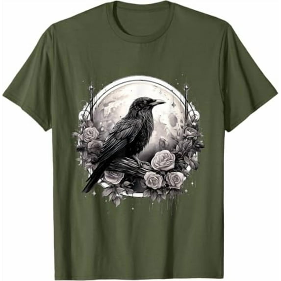 Raven Full Moon Gothic Crow Roses Mystical T-Shirt,Military Green Color,Size XL