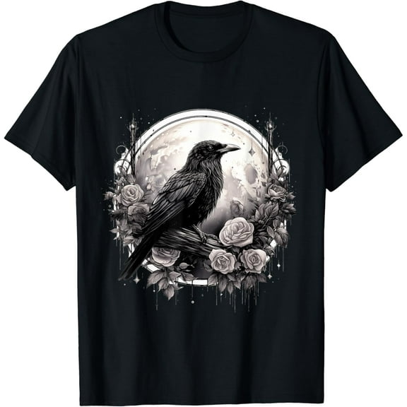 Raven Full Moon Gothic Witchy Crow Roses Mystical T-Shirt