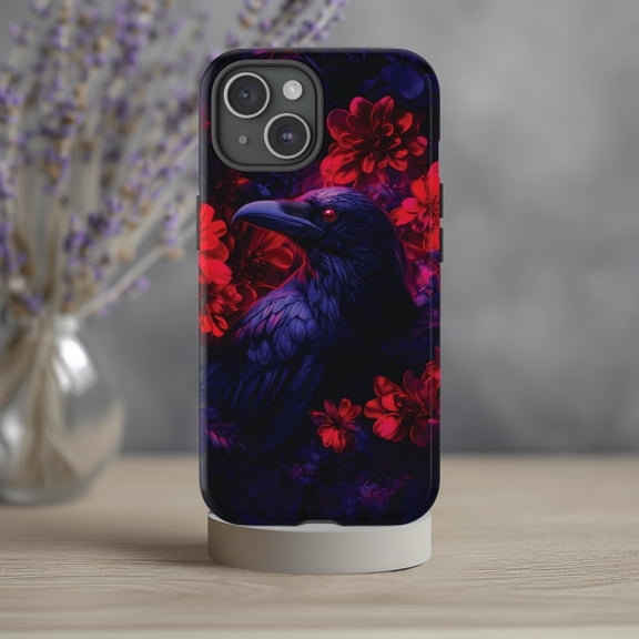 Raven Gothic Nature Case With Dark Bird And Floral Artwork for iPhone 17 11 12 13 14 15 16 Pro Max