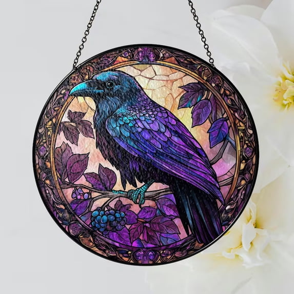 Raven Gothic Purple Crow Stained Glass Window Hanging Decor Dark Witchy ...