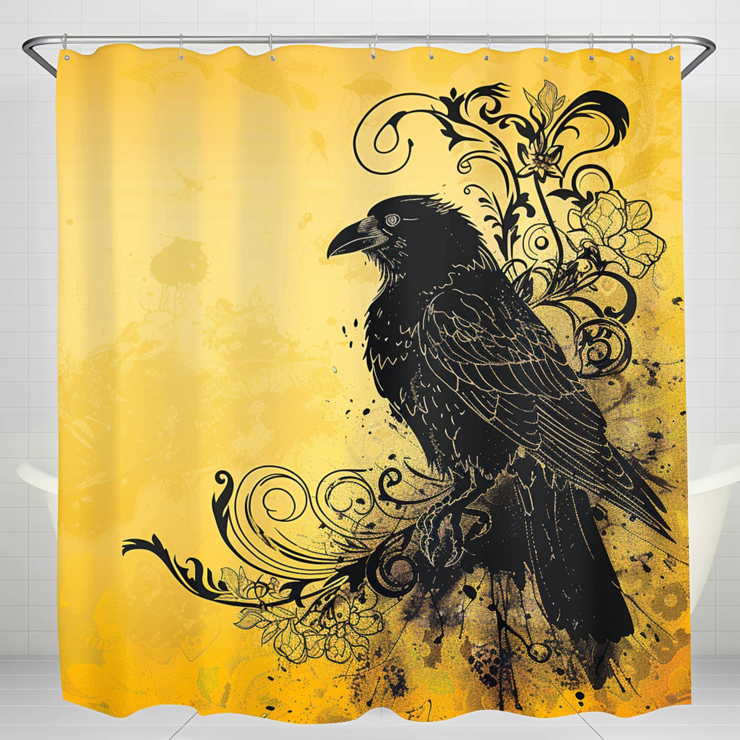Raven Gothic Style Ombre Yellow to Black Shower Curtain with Decorative