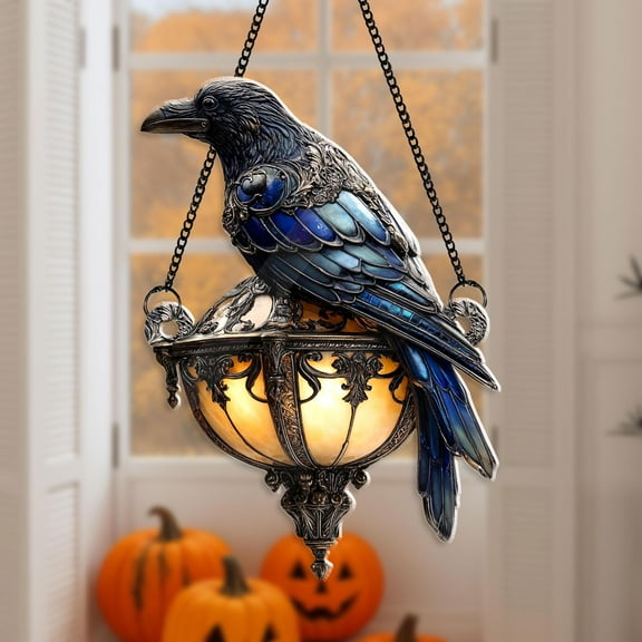 Raven Gothic on Lantern Acrylic Window Hanging ? Crow on Lamp Suncatcher, Dark Academia D‚cor, Spooky Home Accent
