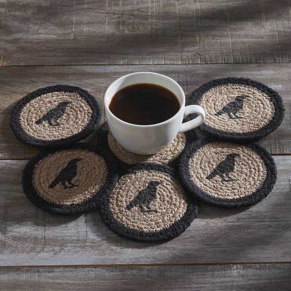 VHC Brands Raven Harvest Stencil Braided Cotton Coaster Set of 6, Decorative Fall Coasters, Table Decor for Fall Thanksgiving and Halloween