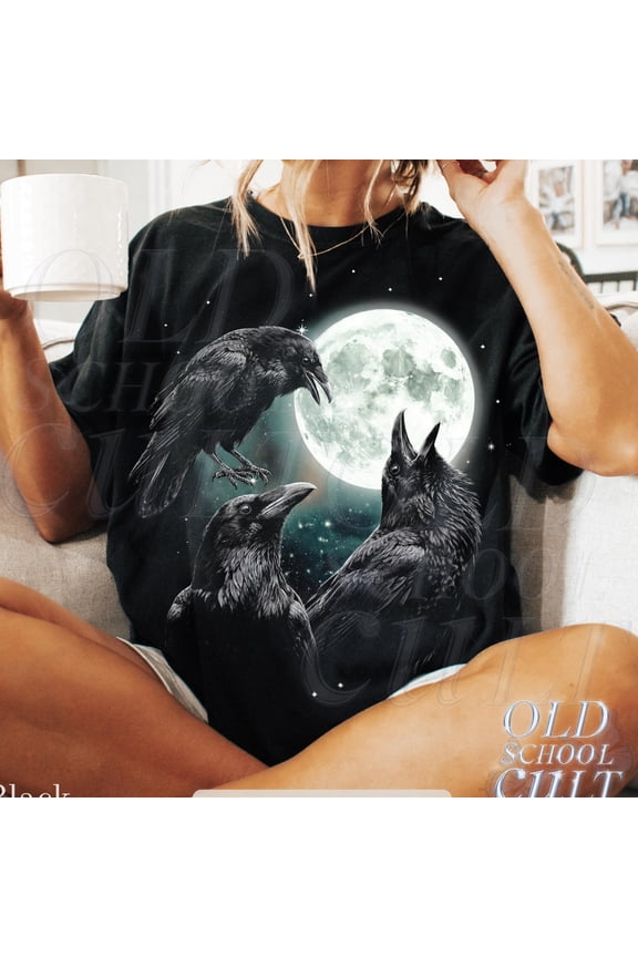 Raven Howling To Moon Graphic T Shirt Retro Dark Academia Crow Y2k Tee