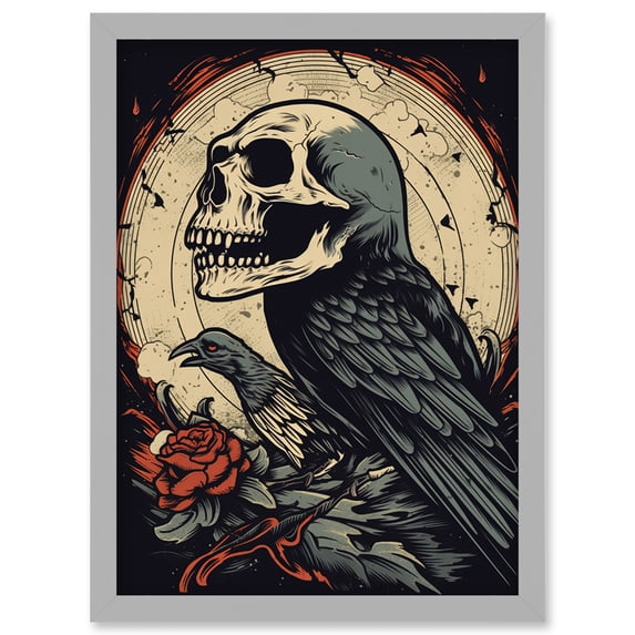 Raven Human Skull Old School USA Tattoo Ink Body Rockabilly Americana 50s Artwork Framed Wall Art Print A4
