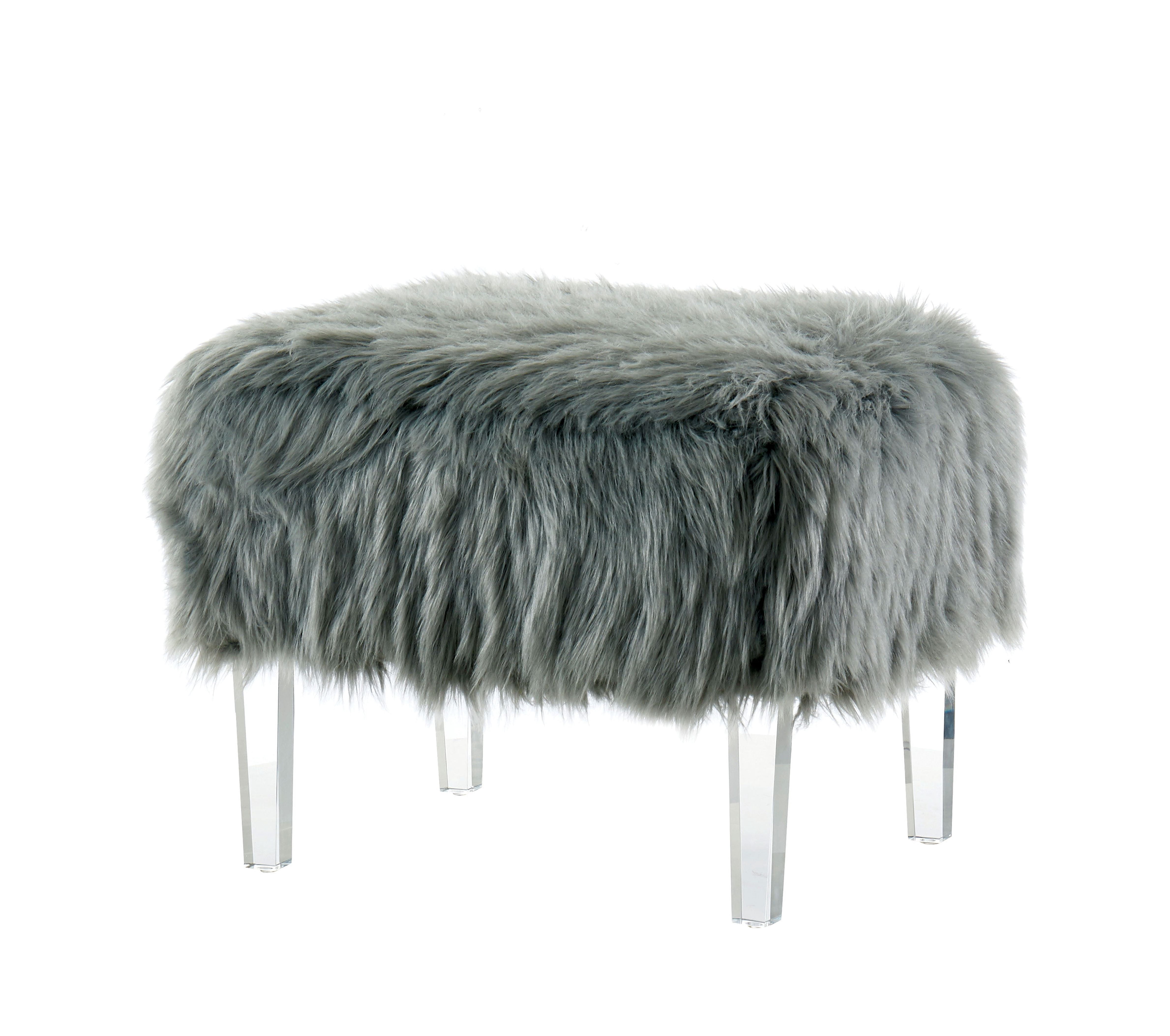Raven I Contemporary Faux Fur Acrylic Ottoman, Gray