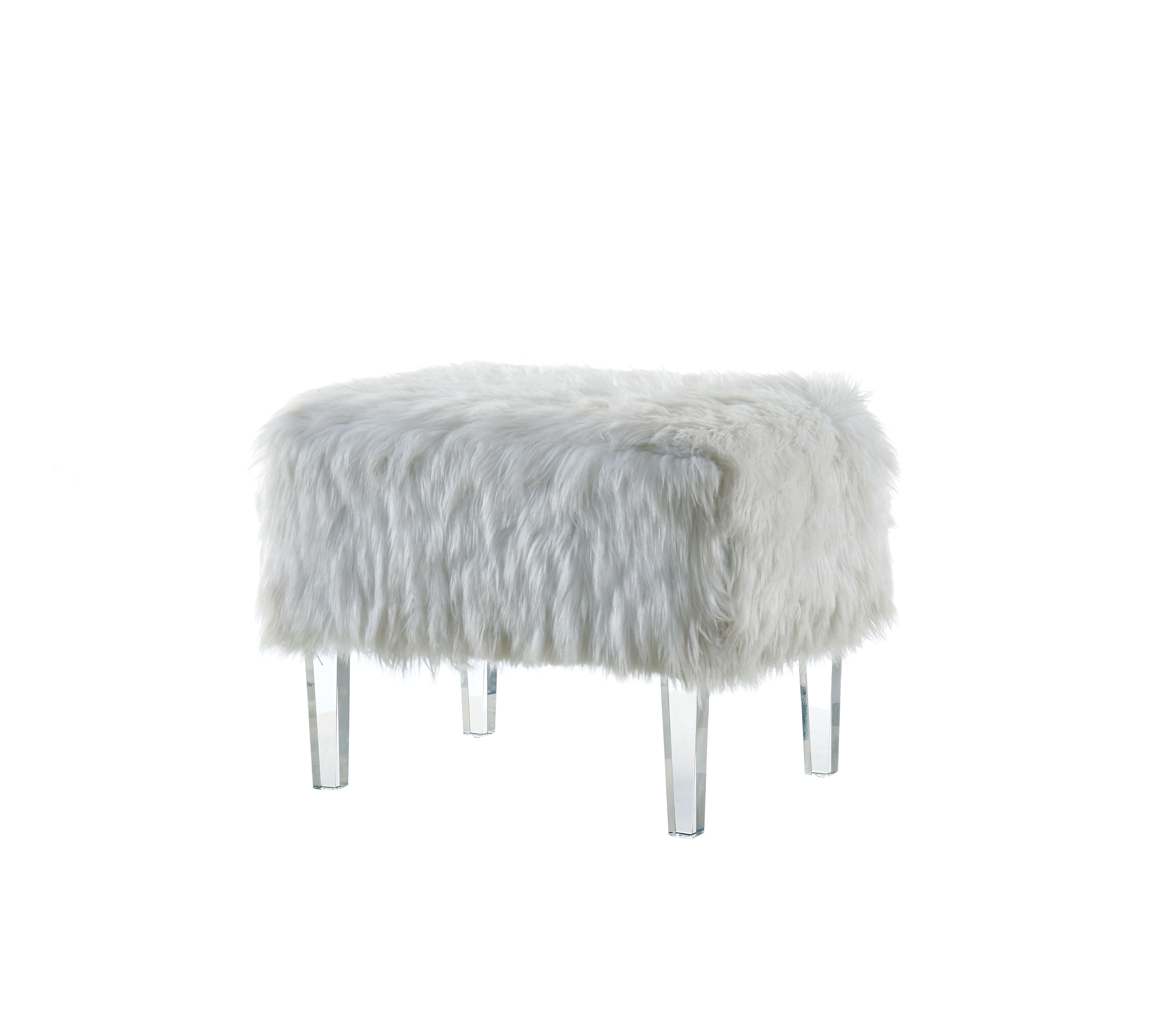 Raven I Contemporary Faux Fur Acrylic Ottoman, White