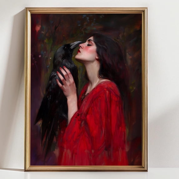 Raven Kiss Wall Art Print, Dark Romance Woman In Red Dress, Gothic ...