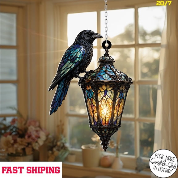 Raven Lantern Acrylic Suncatcher, 2D Flat Gothic Halloween Window Hanging