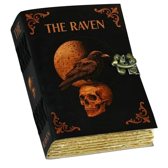 Raven Leather Journal - Blank Spell Book of Shadows grimoire Tarot Journal, 200 Vintage Deckle Edge Pages, Journal for Women & Men, Raven decor, Gothic Gifts (7x5 inch)