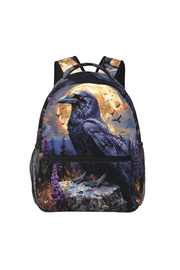 Raven Magic Moon Backpack Casual College Bag Zipper Laptop Daypack Hiking Rucksack Travel