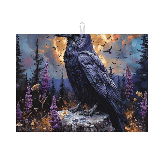 Raven Magic Moon Large Kitchen Drying Mat 18x24 Inch Ultra Absorbent Dish Drying Mats Foldable Countertop Protector