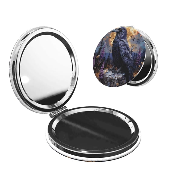 Raven Magic Moon Portable Double-Sided Face Mirror Round Shape, Magnifying Compact Pocket Mirror with PU Leather Cover
