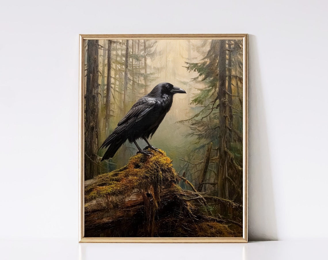 Raven In Moody Forest Landscape Oil Painting Wall Art Dark Academia ...