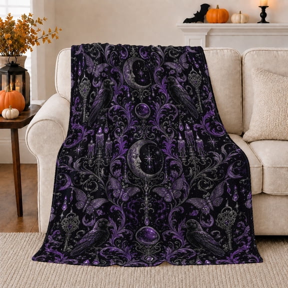 Raven Moon Gothic Pattern with Purple Moths Keys Candles Crystal Orbs and Silver Scrolls, Mystic Gift, Soft Flannel Blanket for Bedroom and Guest Room, Home Decor