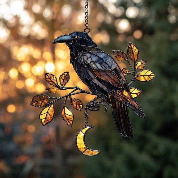 Raven Moon Suncatcher: Gothic Crow Window Hanging, Halloween Decor