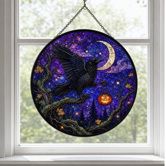 Raven Moon Suncatcher Purple Gothic Stained Glass Window Hanging for Home Decor
