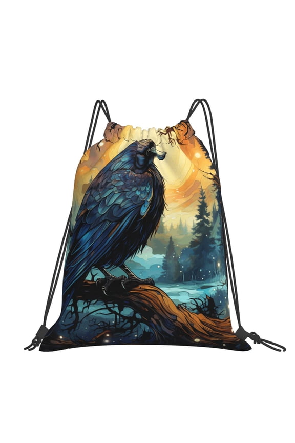 Raven Moonlight Starry Art Large Drawstring Backpack Casual Cinch Sack Bag Backpack for Sports Hiking Travel Gym