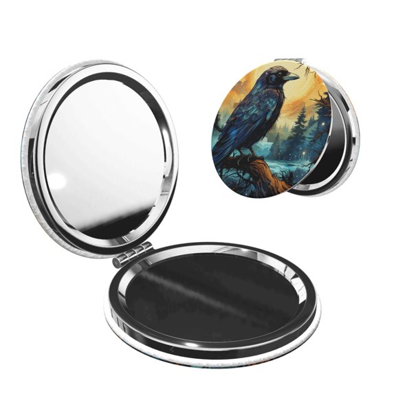 Raven Moonlight Starry Art Portable Double-Sided Face Mirror Round Shape, Magnifying Compact Pocket Mirror with PU Leather Cover