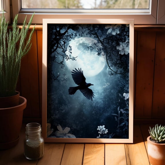 Raven Moonlit Forest Wall Art, Gothic Dark Academia Decor, Unframed Paper Print Size 16x24