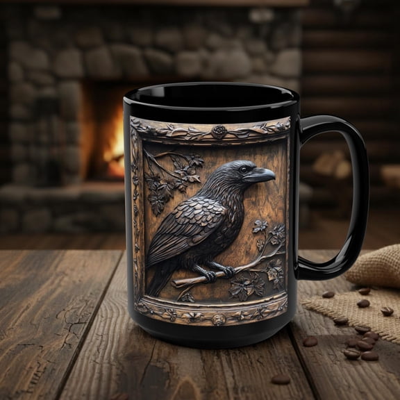 Raven Mug, Rustic Wood Style Black Gothic Forest Crow Coffee Cup, Animal Gift, Bird Decor, Nature Wildlife Dark Spooky Woodland Raven Art