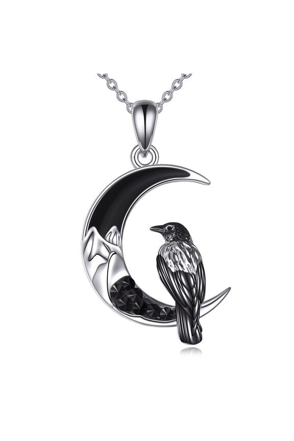 Raven Necklace 925 Sterling Silver Crescent Moon Animal Witchy Pendant Necklace Halloween Christmas Jewelry Gifts for Women