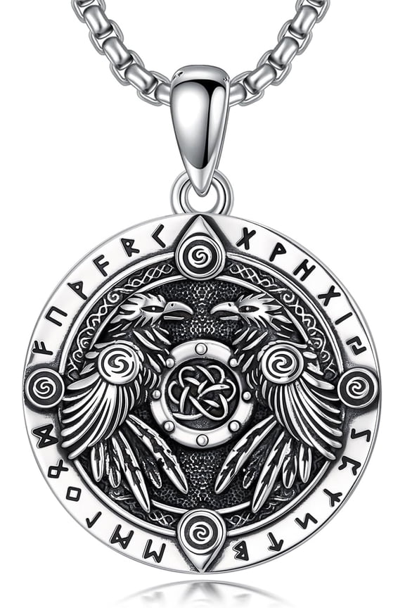 Raven Necklace 925 Sterling Silver Crow Necklace Viking Runes Raven Jewelry Christmas Birthday Viking Gifts for Men Women Unisex