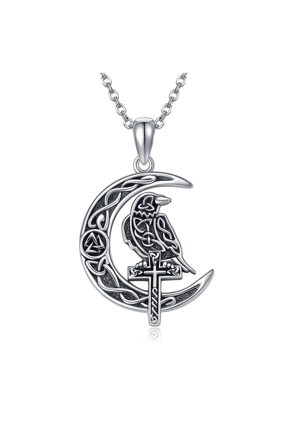 Raven Necklace 925 Sterling Silver Moon Crow Cross Pendant Necklace Raven Jewelry Gift for Women Crow Lovers