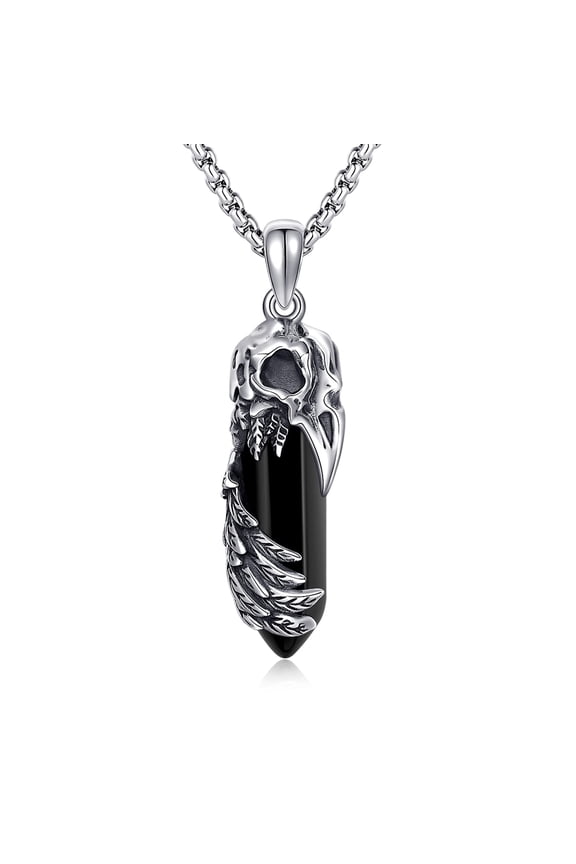 Raven Necklace Sterling Silver Raven Skull Pendant with Black Healing Crystal Viking Raven Necklace Goth Crow Jewelry Christmas Birthday Gifts for Men Women