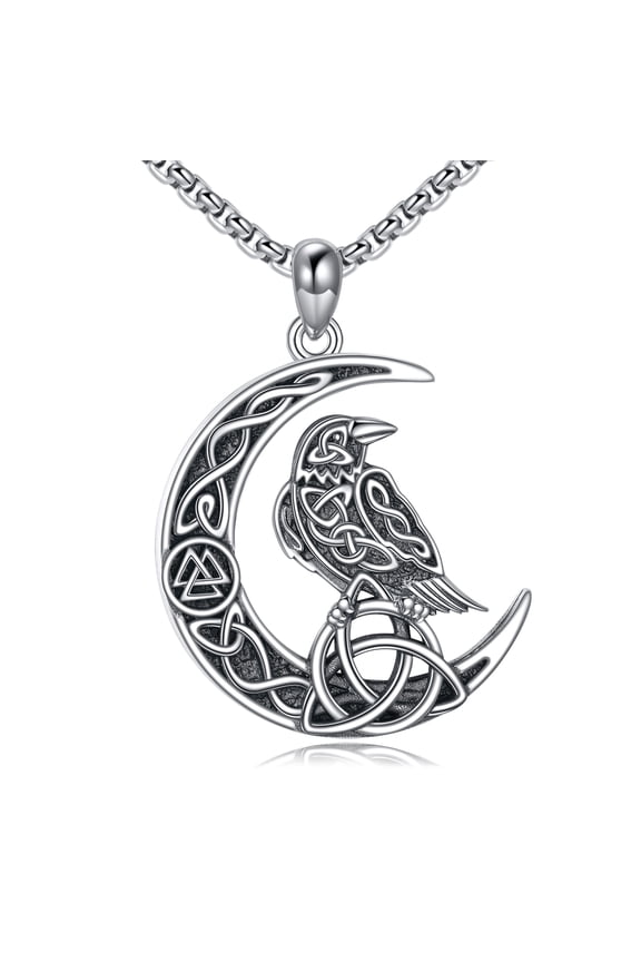Raven Necklace for Men Women Sterling Silver Celtic Knot Crow Pendant Necklace Viking Raven Jewelry Gifts