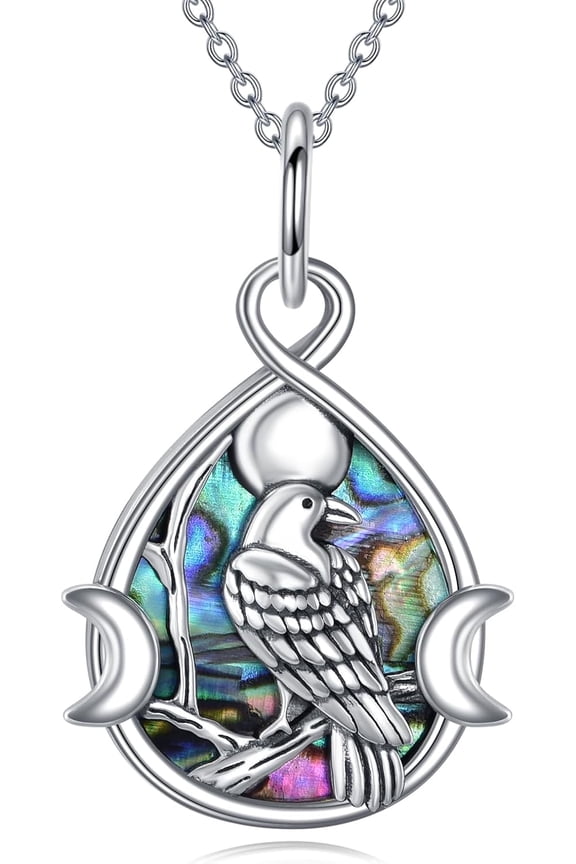 Raven Necklace s925 Sterling Silver, Wiccan Raven Triple Moon Goddess Charm Pendant with Abalone Inlay, Raven Jewelry Gift for Men and Women