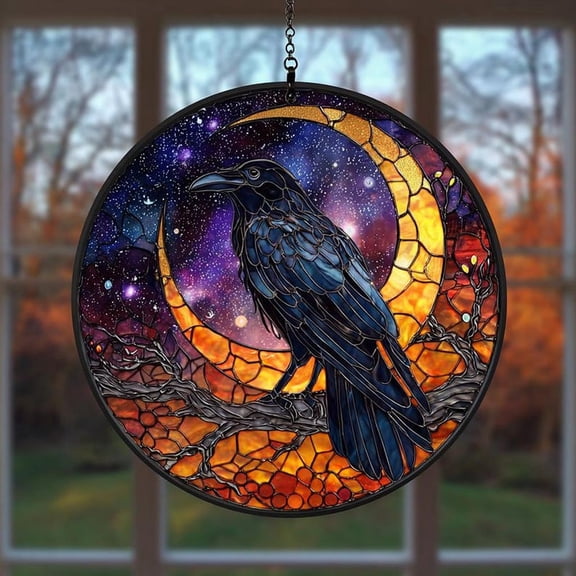 Raven On Moon Stained Glass Suncatcher, Dark Book Stack Decor, Gothic Academia Style, Stained Glass Look, Reader Home Accent,Book Lover Gift