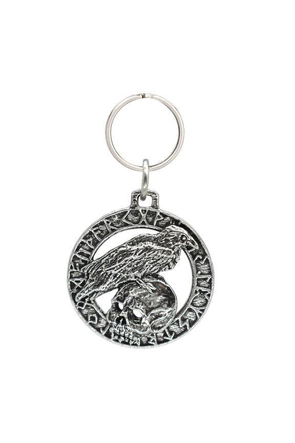Raven On Skull In Runes Keychain, G015KC, 1 1/2 inch, Pewter, Key Fob, Key Ring, Keys, Zipper Pull, Luggage Tag, Backpack, Over 300 Keychain Designs, Handmade in the USA, 100% American Made