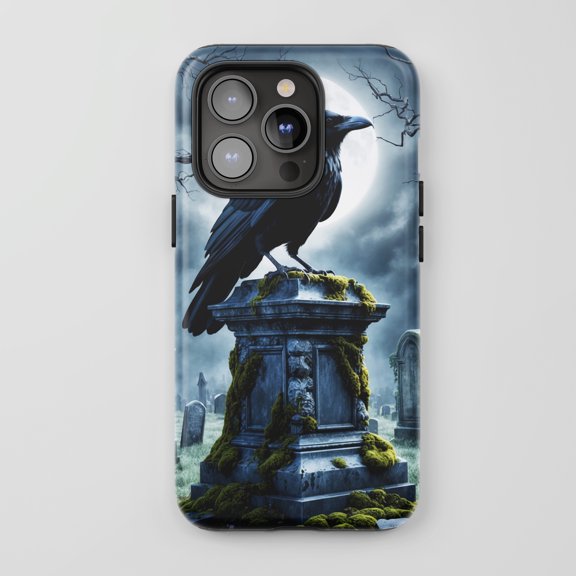 Raven On Tombstone For All iPhone Series Tough Phone Case Gothic Night Theme Blue