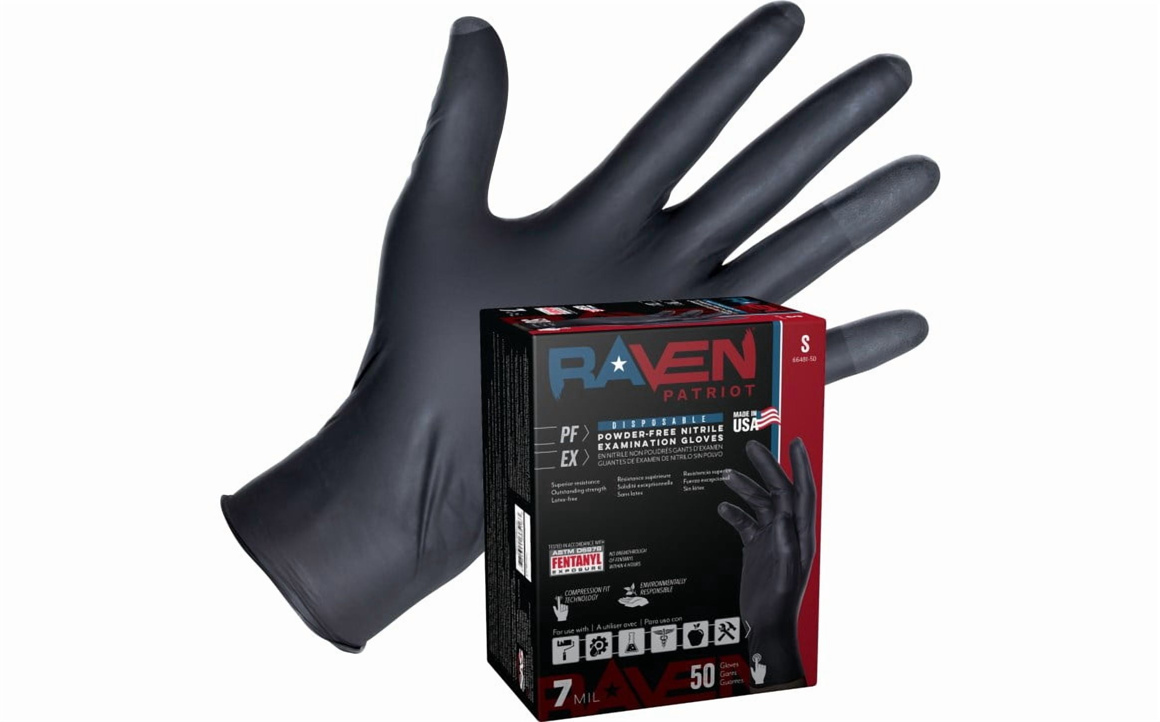 Raven Patriot Nitrile Disposable Gloves, 7 mil, Powder-Free, Exam Grade, 50 Pack, Medium