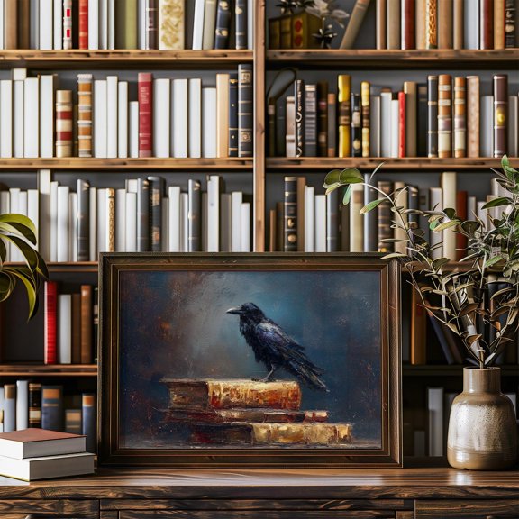 Raven Perched On Antique Poster Books In Moody Light , Poster Print Only