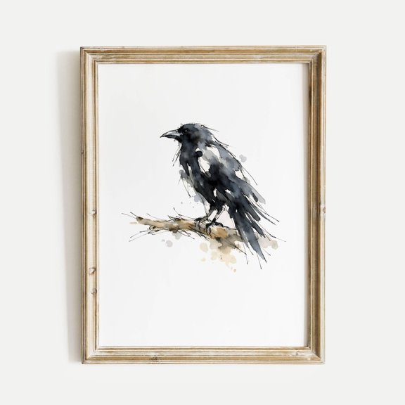 Raven Perched on a Branch Poster Print, Bird Lovers Wall Art, Ink & Wash Nature Decor, Spring Floral Bird Gift for Home, Poster Only