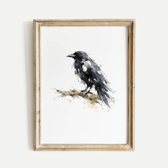 Raven Perched on a Branch Wall Art Bird Wall Art Ink and Wash Nature Decor Spring Floral Bird Gift for Home Unframed Paper Print