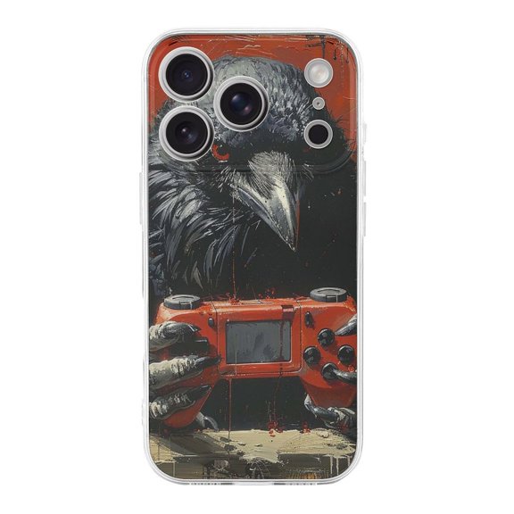 Raven Playing Video Games Vintage Transparent TPU Case for iPhone 17 Pro Slim Shockproof Protective Phone Cover