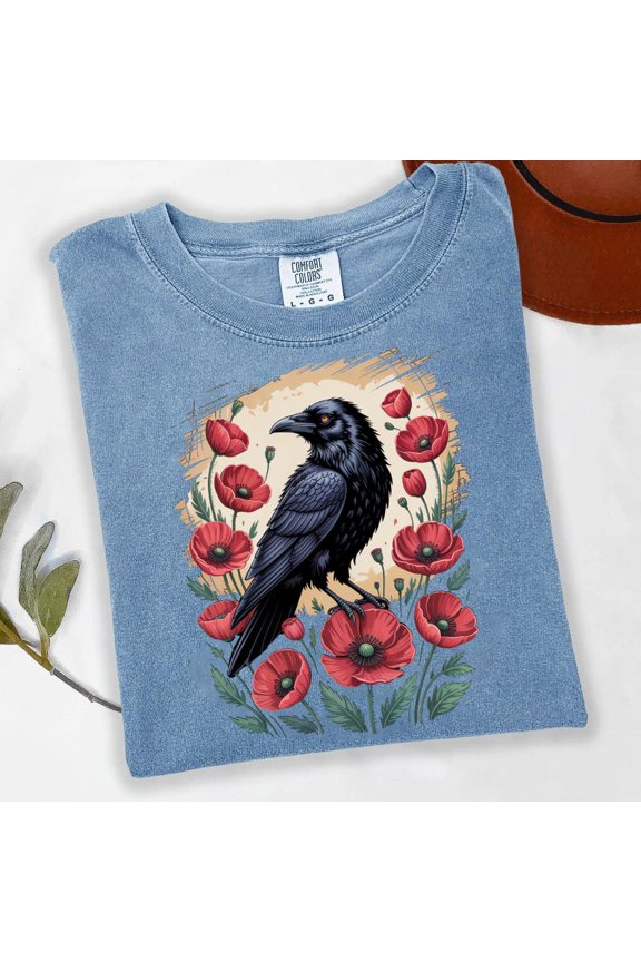 Raven Poppies Gothic Dark Academia Graphic Comfort Colors Unisex Cotton T-Shirt, Size S-3XL