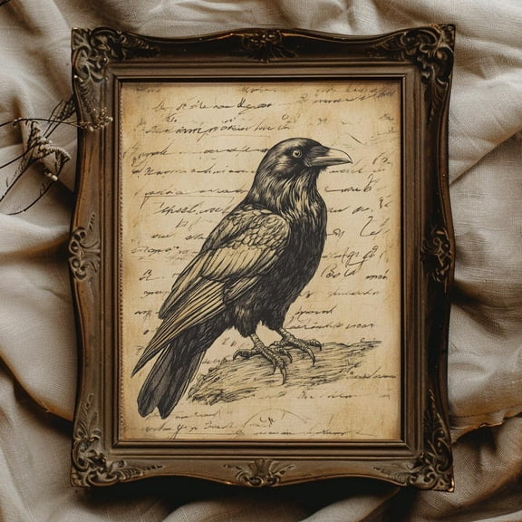 Raven Prin Edgar Allen Poe Art The Raven Poster Vintage Raven Illustration Dark Academia Wall Art For Reading Nook Decor Bird Watcher Gift, F038, 24x36 UNFRAMED