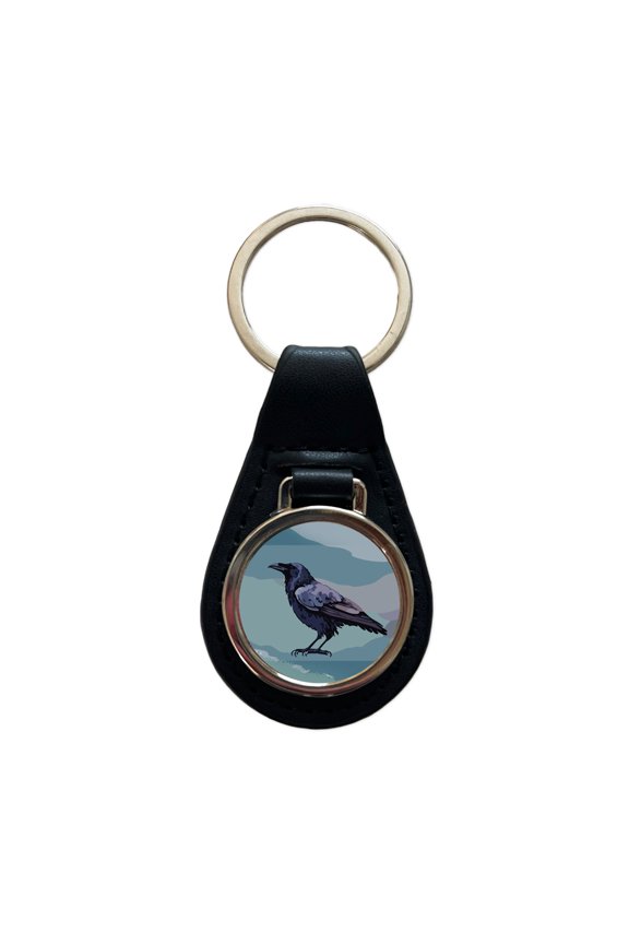 Raven Profile Bird Watercolor Metal Black Leather Keychain