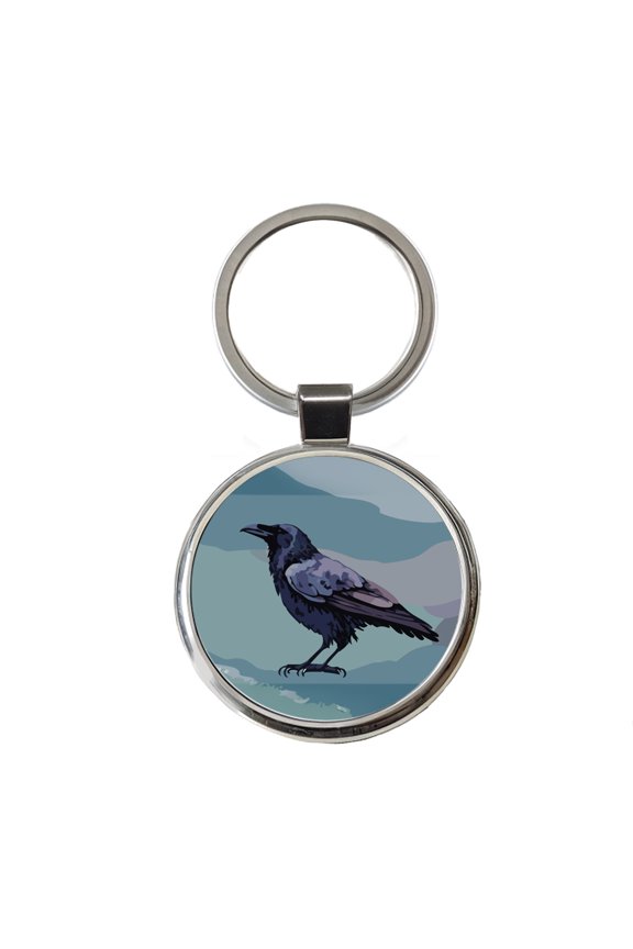 Raven Profile Bird Watercolor Metal Round Keychain