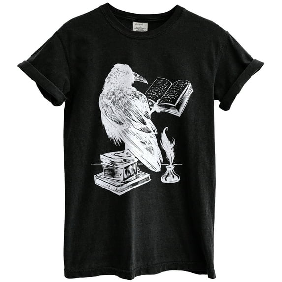 Raven Reading Fun Graphic Tee T-Shirts for Women Men, Short Sleeve Tops - Vintage Black