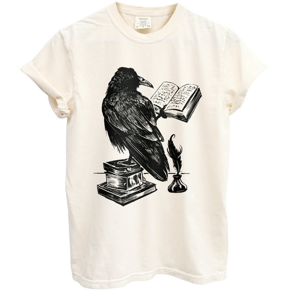 Raven Reading Fun Graphic Tee T-Shirts for Women Men, Short Sleeve Tops - Vintage Ivory