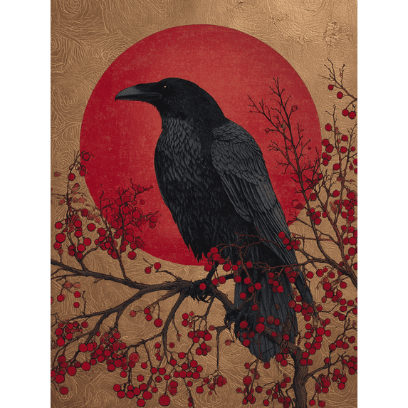 Raven Red Sun Canvas Painting,Nature Wall Decor for Living Room Bedroom Office Hotel Lobby Entryway