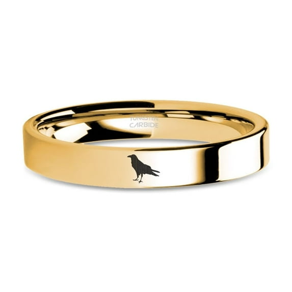 Raven Rook Bird Laser Engraved Yellow Gold Polished Tungsten Ring, 4mm, Size 3.5