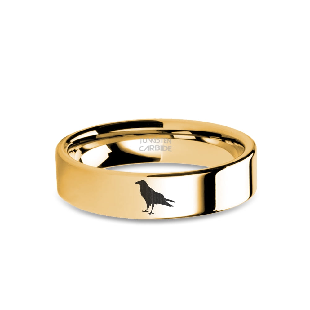 Raven Roko Raven Rook Bird Laser Engraved Yellow Gold Polished Tungsten Ring, 6mm ...
