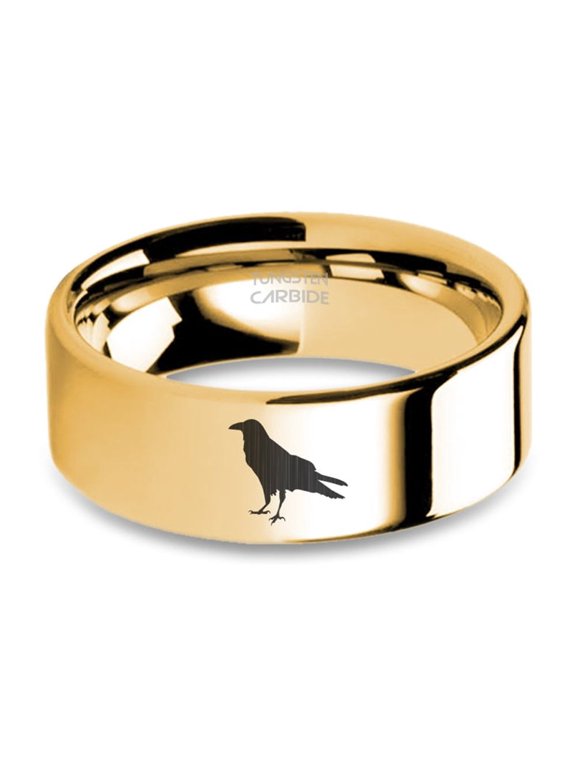 Raven Rook Bird Laser Engraved Yellow Gold Polished Tungsten Ring, 8mm, Size 10