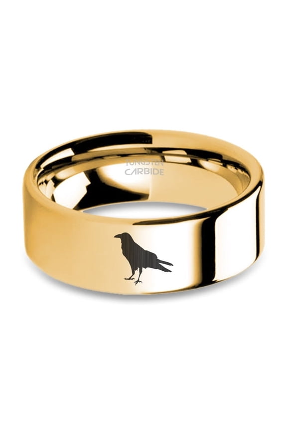 Raven Rook Bird Laser Engraved Yellow Gold Polished Tungsten Ring, 8mm, Size 13